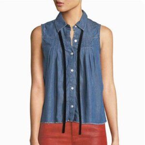 Frame Denim Chambray Pintuck Top L Sleeveless Black Ribbon Tie